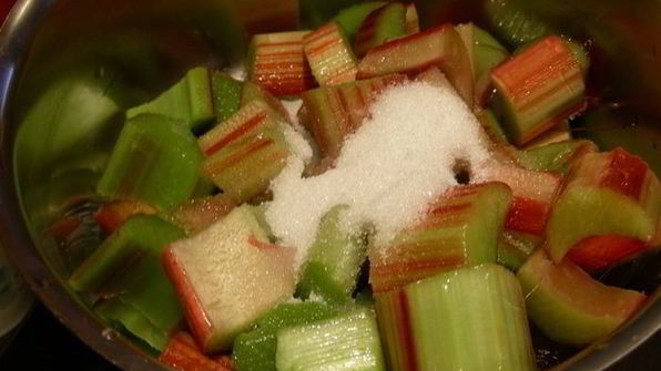 легкий десерт с ревенем, клубникой и йогуртом