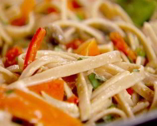 Паста примавера со спаржей и шампиньонами