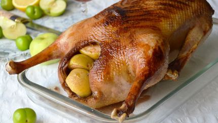 Запеченный гусь с яблоками и алычой в духовке