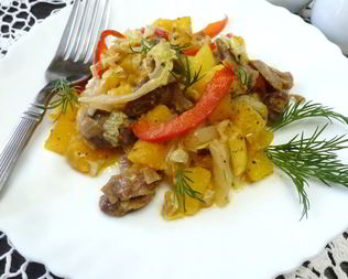 Овощное рагу с куриными желудками