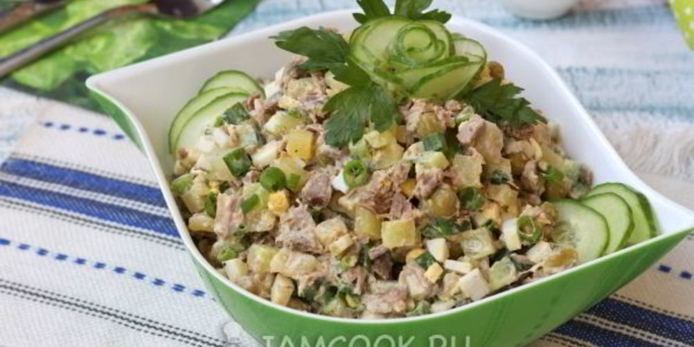 Рецепт салата оливье с говядиной и свежими огурцами