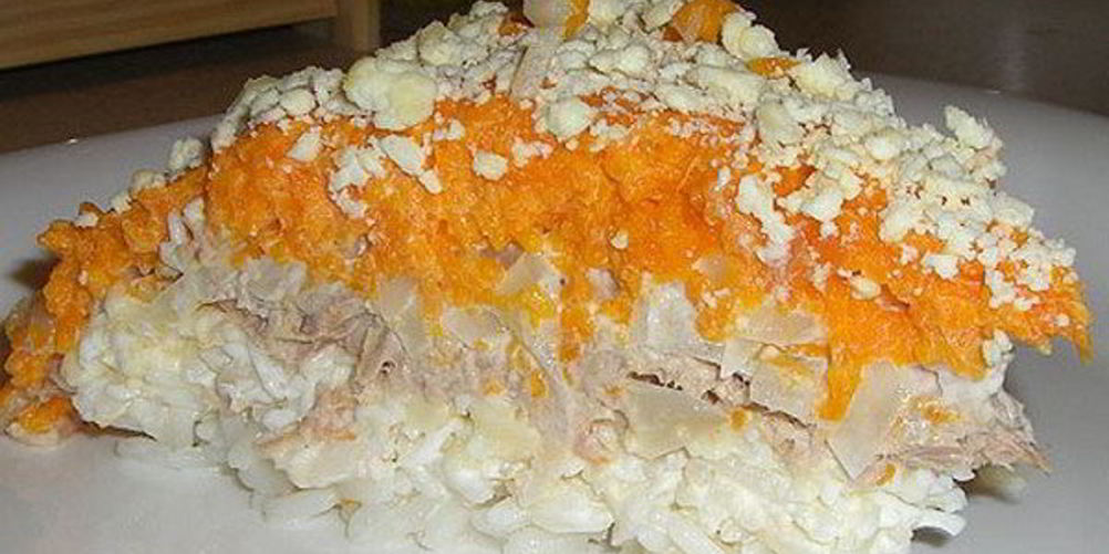 Рецепт слоеного салата мимозы с рыбого и рисома