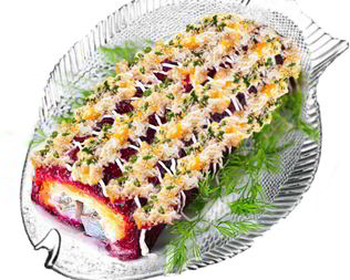 Рулет сельдь под шубой с маринованным луком