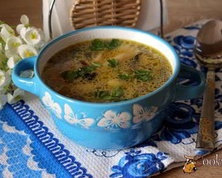 Суп с шампиньонами и фарфалле на курином бульоне