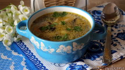 Суп с шампиньонами и фарфалле на курином бульоне