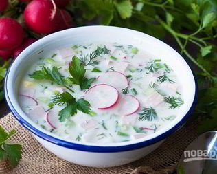 Окрошка классическая с колбасой на кефире