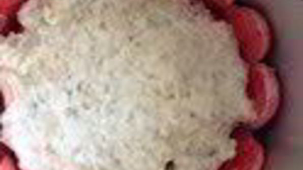 шарлотка с запеченным ревенем, баварским фисташковым кремом и клубникой