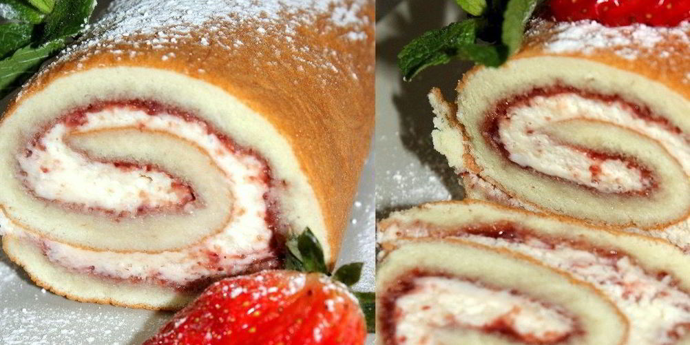 Рецепт бисквитного рулета с клубничным вареньем и взбитыми сливками