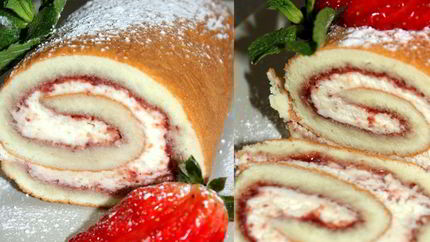 Бисквитный рулет с клубничным вареньем и взбитыми сливками